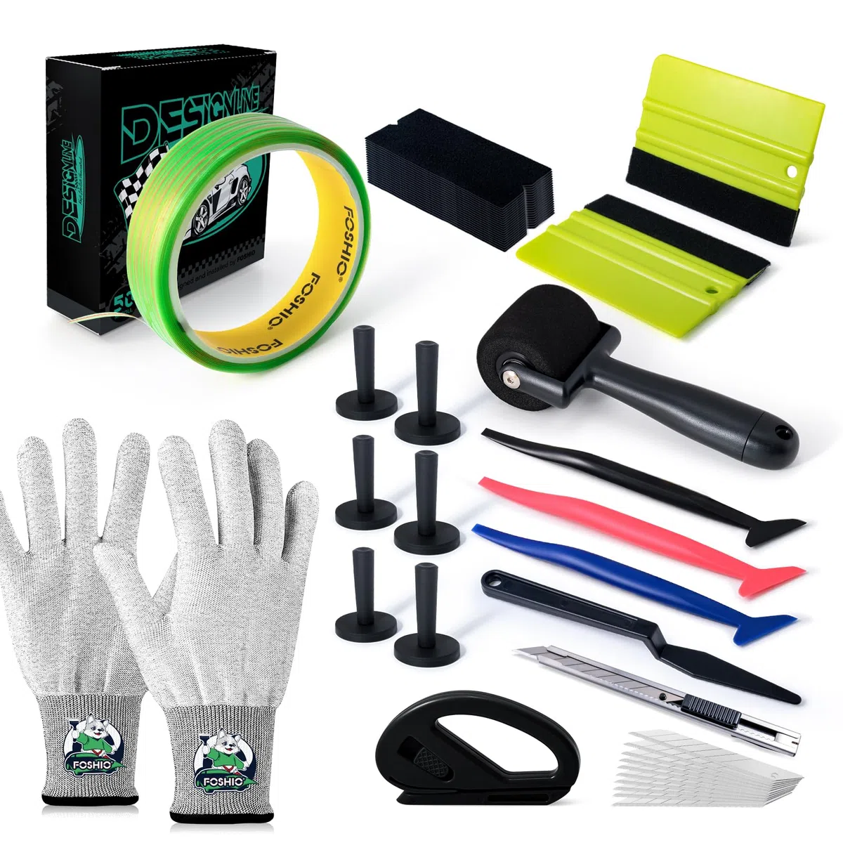 FOSHIO - Kit de herramientas de vinilo para coche, cinta de corte sin cuchillo, 50 m, raspador para película teñida, kit de herramientas para envoltura de película, 6 imanes para envolver, raspador