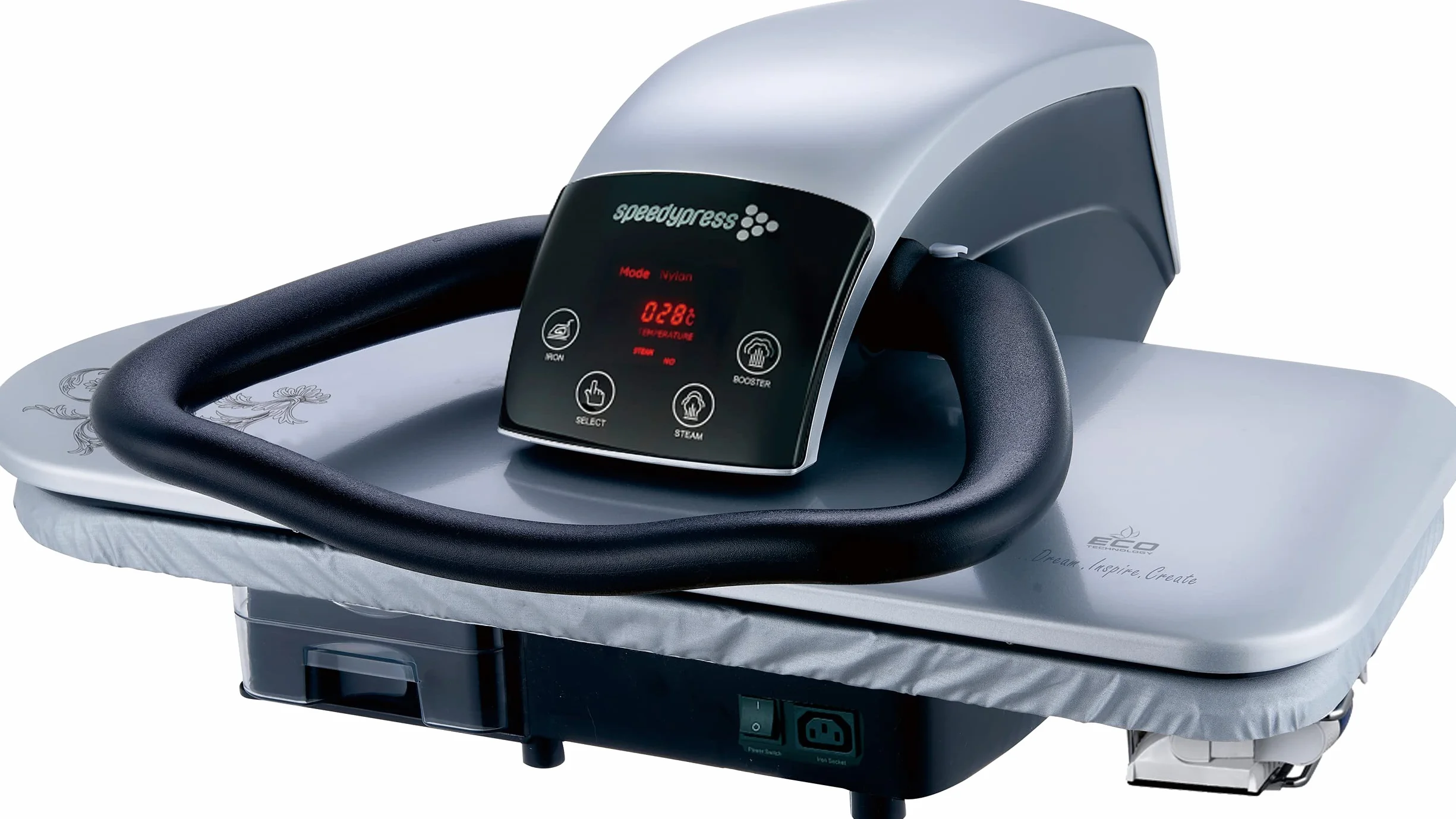 Prensa de planchado al vapor Speedypress 71HD-Plata/Negro profesional resistente de 68 cm con soporte