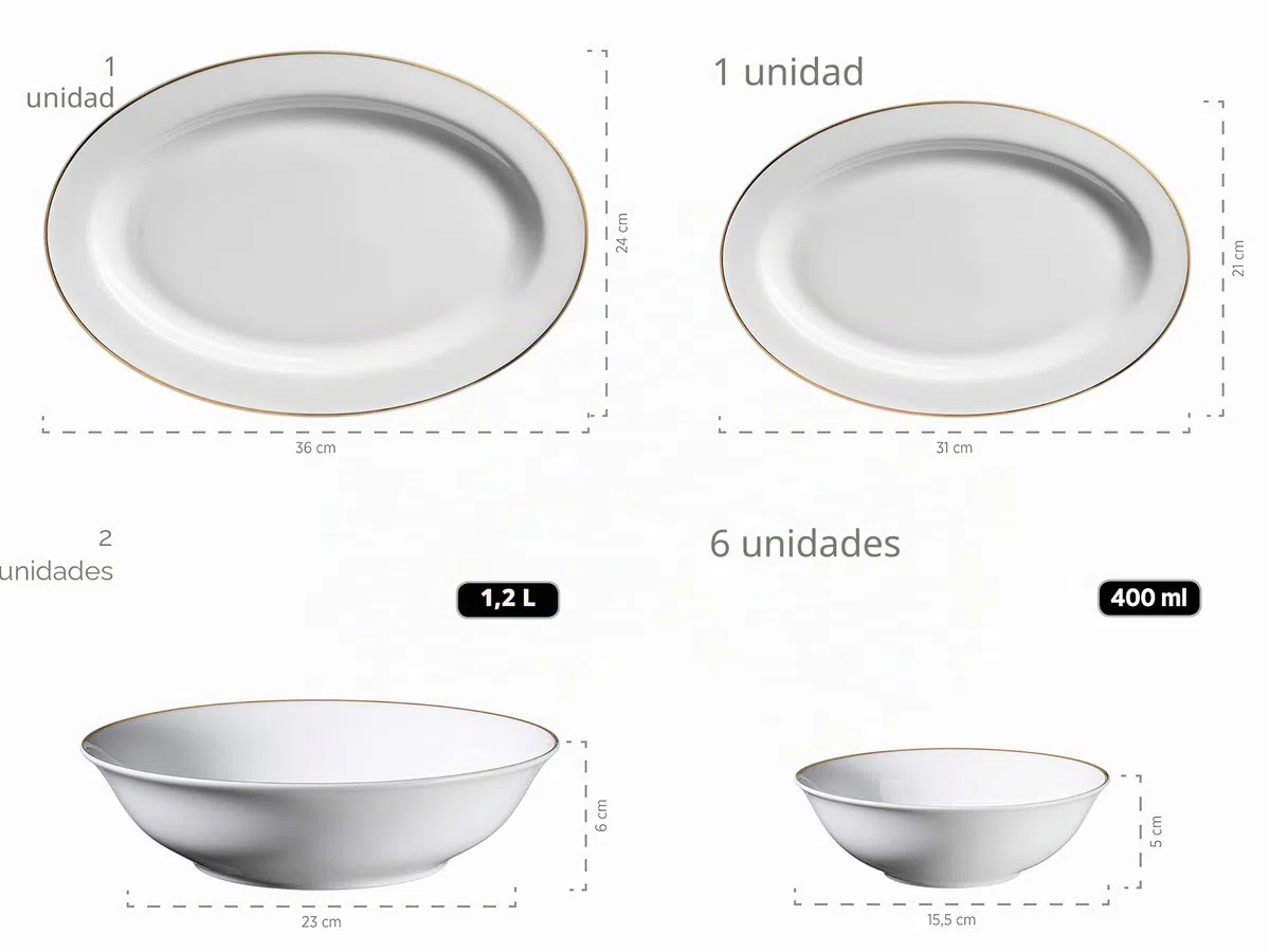 MÄSER 931735 Serie Professional Dining - Juego de cuencos para cereales, hueveras, cuencos, azucareros, leche, cuencos para salsas y platos para servir, 24 piezas, color blanco con borde dorado,