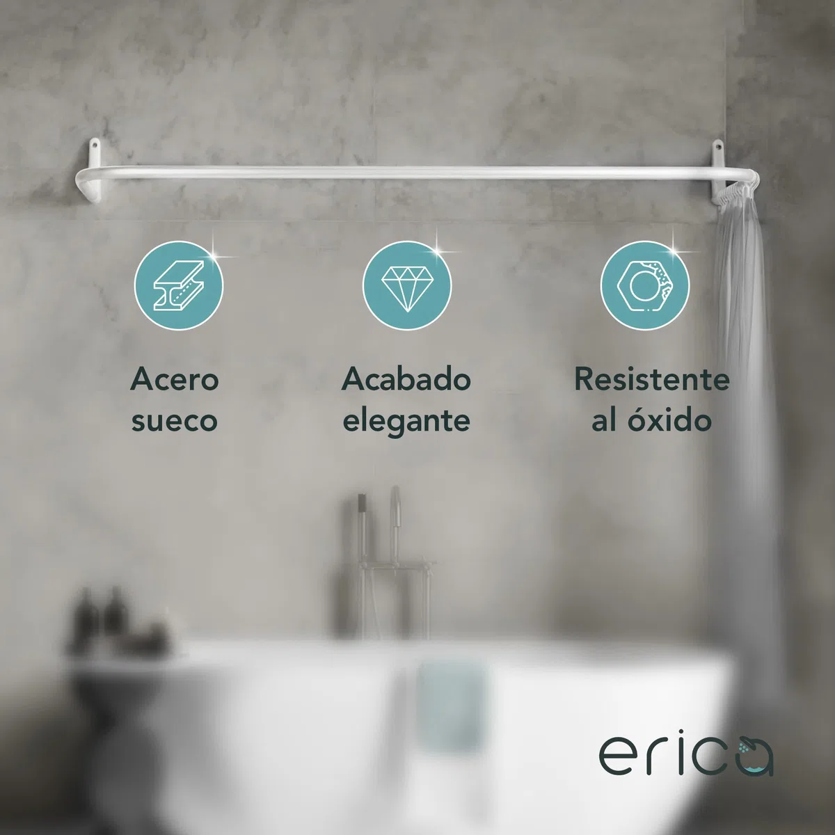 Erica Barra para Cortina de Ducha en Forma de U de 70x165x70cm, Barra para Cortina de Baño para Bañera sin Soporte en el Techo, Recubierta de Plástico sin PVC, Inoxidable (Blanco)
