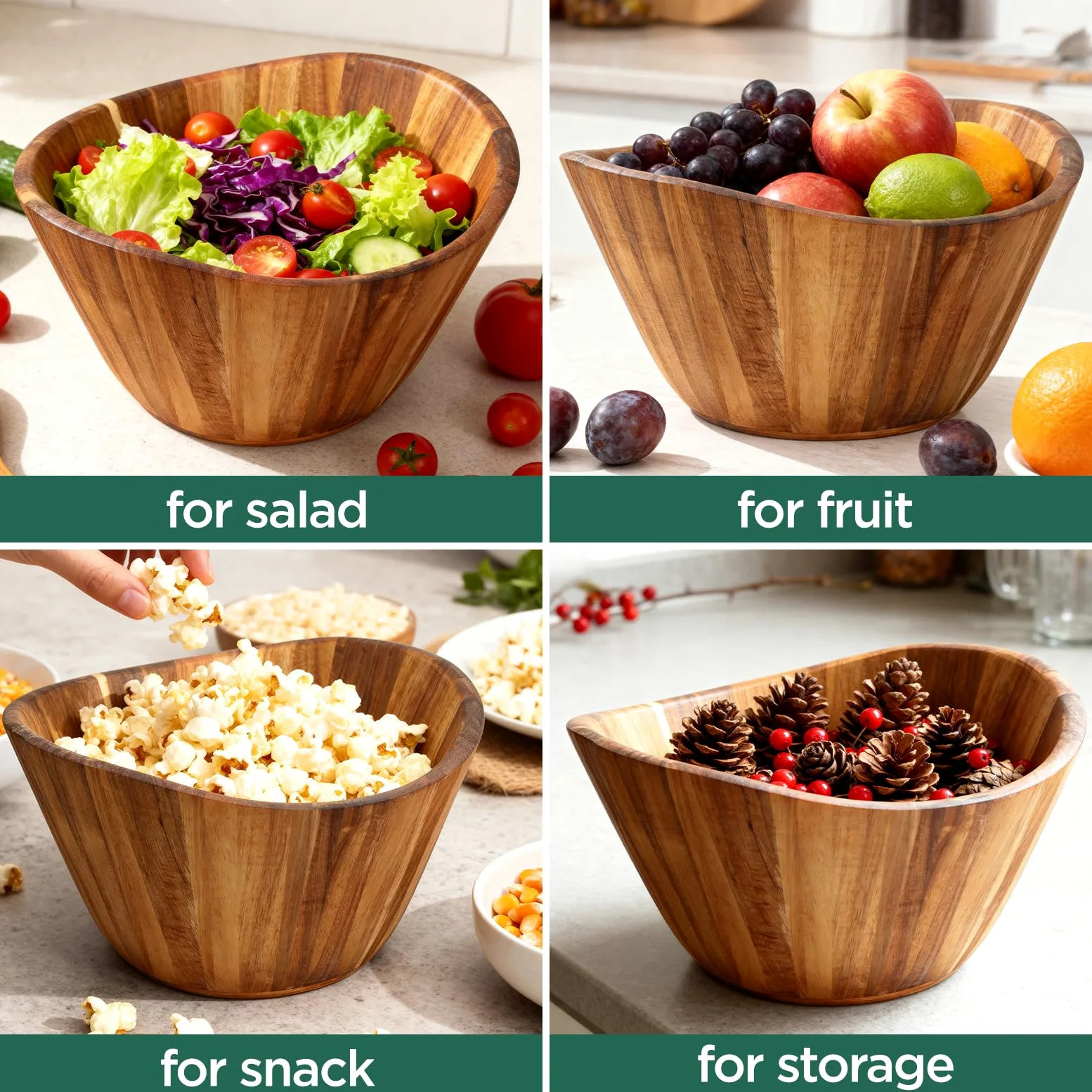 AIUHI Cuenco de madera de acacia de 12 pulgadas, regalo de Navidad, impresionante grano, perfecto para reuniones de Navidad, Acción de Gracias, decorativo para cocina, ideal para ensaladas, aperitivos