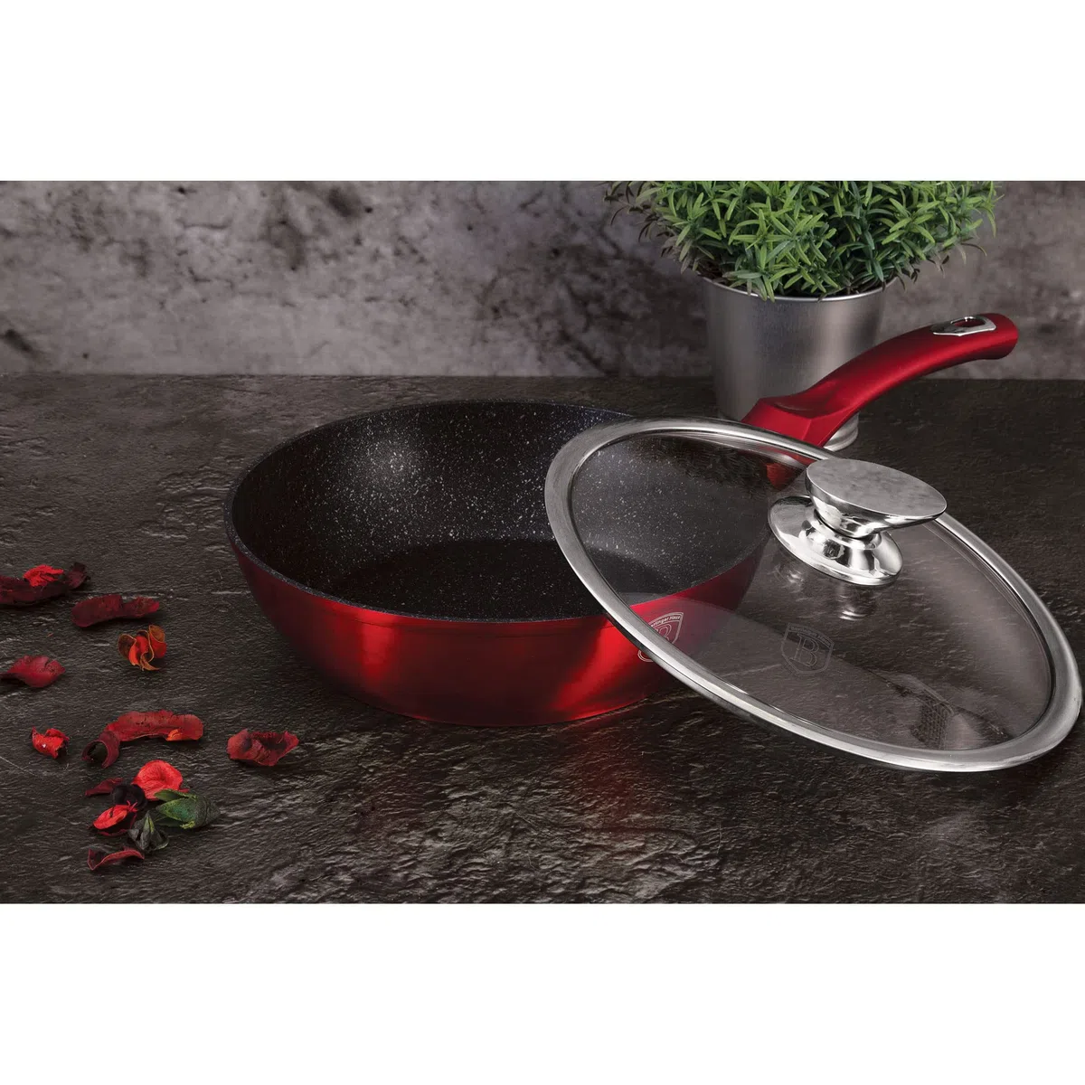 Berlinger Haus Burgundy Batería Cocina Inducción 10 Piezas, Antiadherente Mármol sin PFOA, Aluminio, Set 3 Cazuelas, 3 Tapas Cristal, 2 Sartenes, 2 Salva Manteles, Diseño Metallic Line