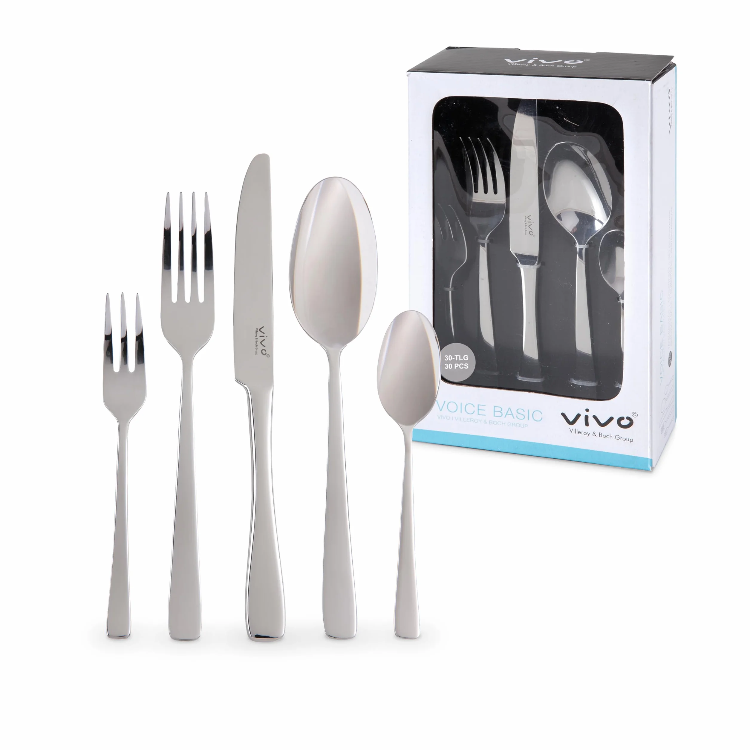 vivo - Villeroy & Boch Group - Voice Basic Cubertería de 30 Piezas para 6 Personas, Apto para Lavavajillas, Set Cubiertos, Acero Inoxidable