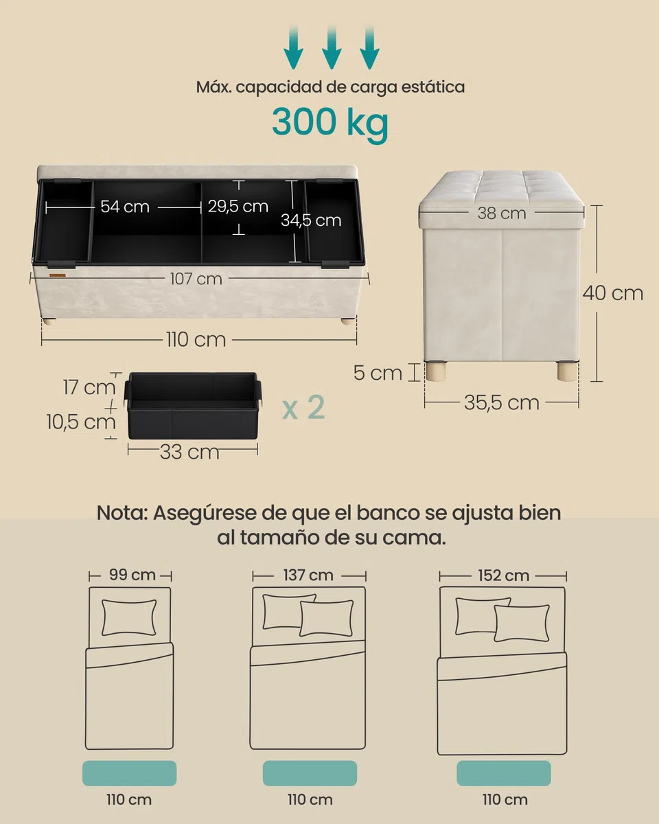 SONGMICS Puff Almacenaje, Banco Plegable, 38 x 110 x 40 cm, Reposapiés, 112 L, Superficie de Terciopelo, para Dormitorio, Sala de Estar, Dormitorio, Beige Capuchino LSF0518W02