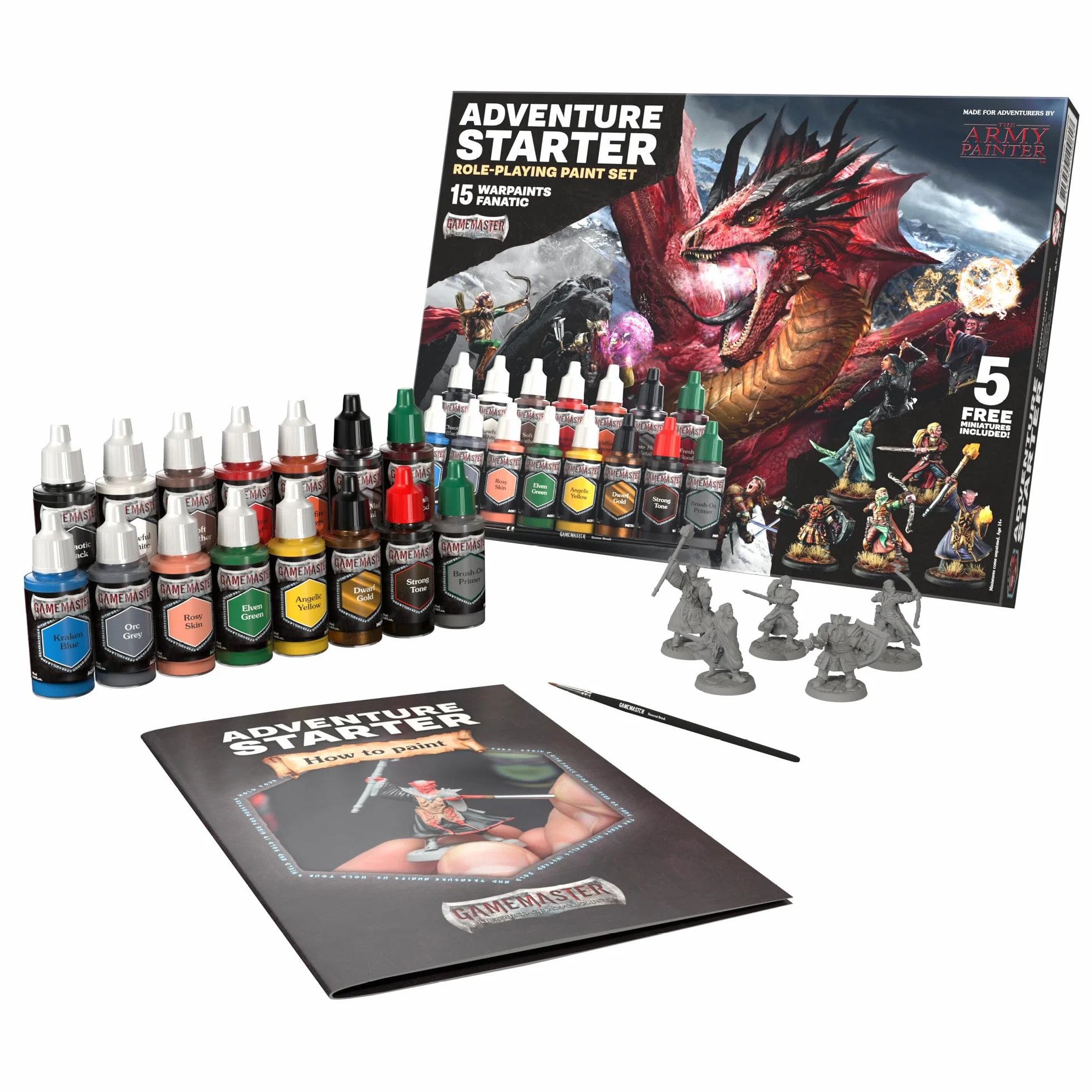 The Army Painter, GameMaster Adventure Starter Paint Set, 15 x 18 ml Pinturas Acrilicas incl. 1 Imprimación, 5 Miniatures y 1 Pincel - Pintura Miniatura para D&D & Warhammer Figuras