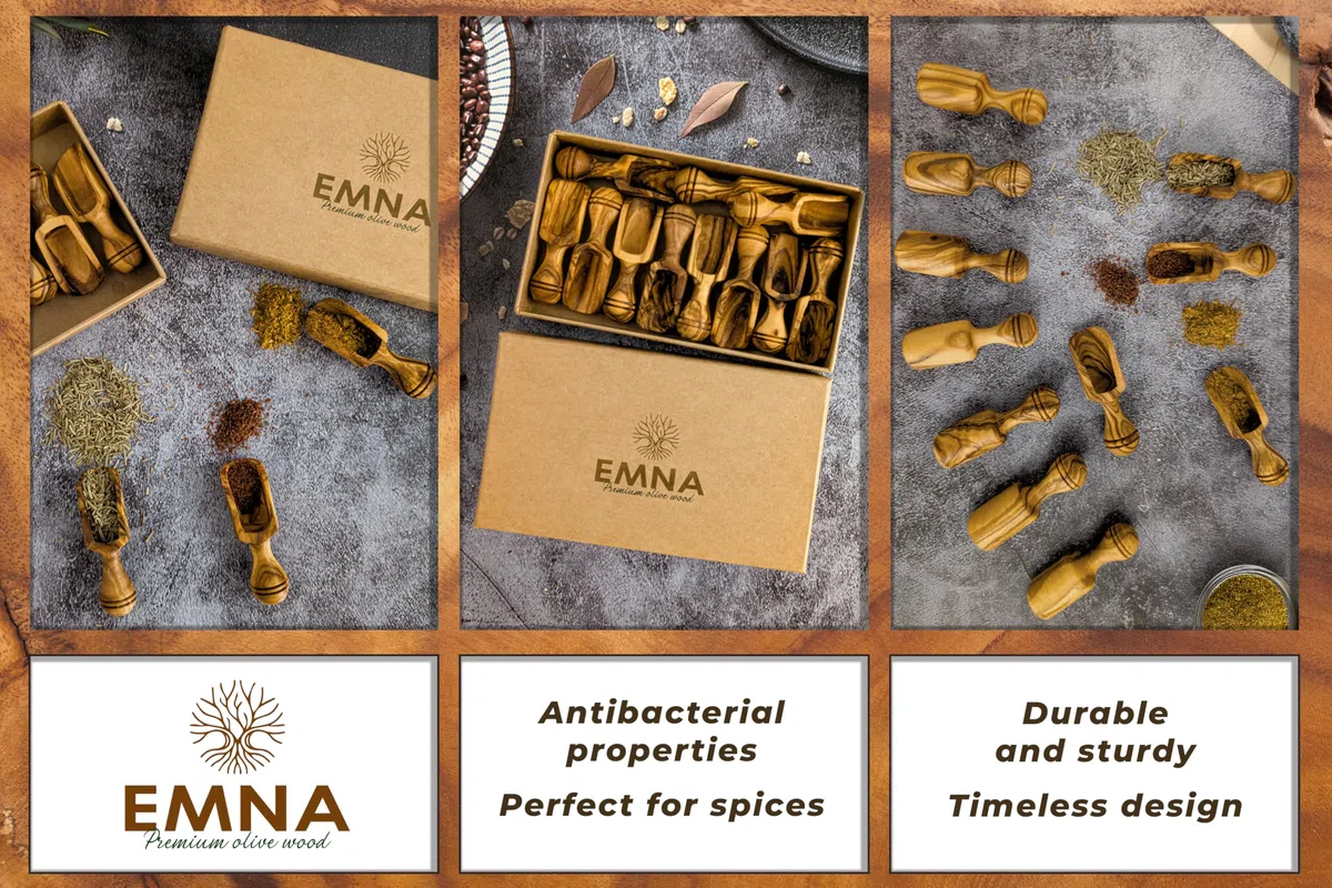 EMNA - 11 palas de madera de olivo pequeñas de aprox. 6 cm, regalo de lujo, caja de regalo de madera de olivo, regalo para el día de la madre, decoración para cocina, madera