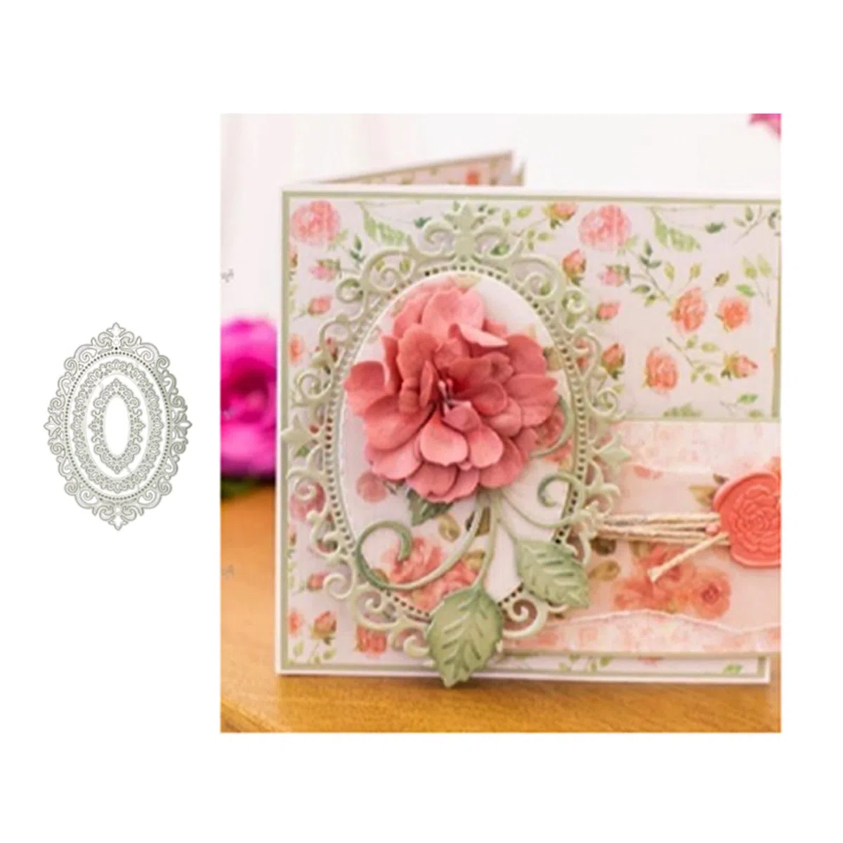 Marco de fotos creativo troquelado ovalado con borde de encaje, plantilla para álbumes de recortes, tarjetas de papel, arte C, marco de fotos, recortes de metal, plantillas de corte ovaladas para
