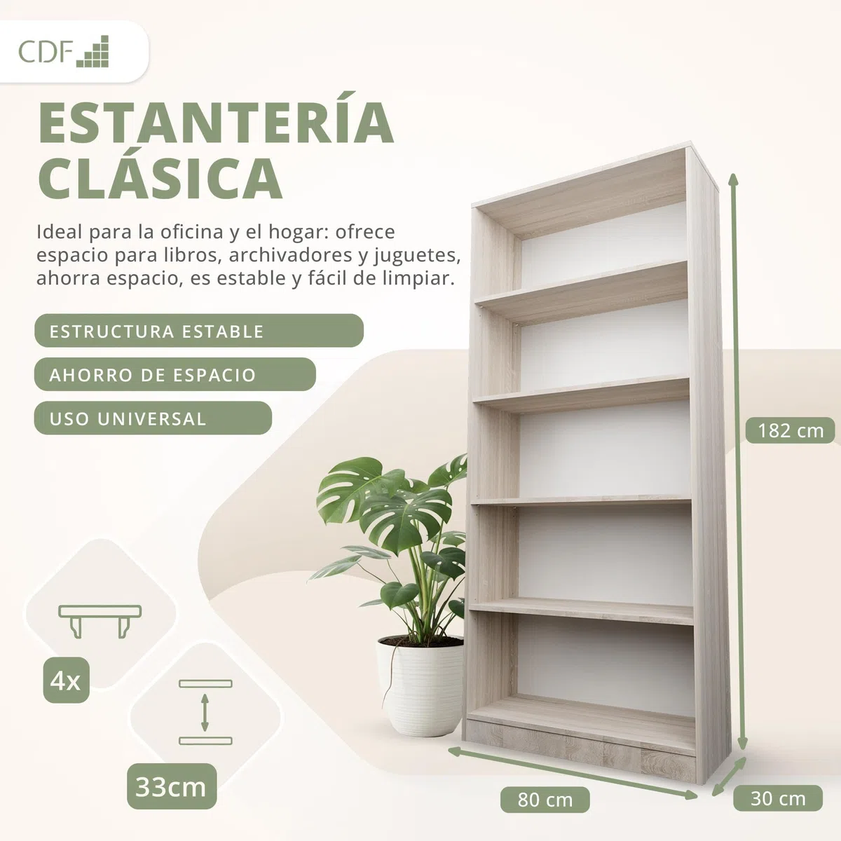 CDF Librería Estantería Abierta con Niveles Mueble para Oficina Sala de Estar Habitacion y Estudio Juvenil Comedor Dormitorio Estrecha Documentos Decoración Moderna Vertical -Roble Sonoma 80 cm