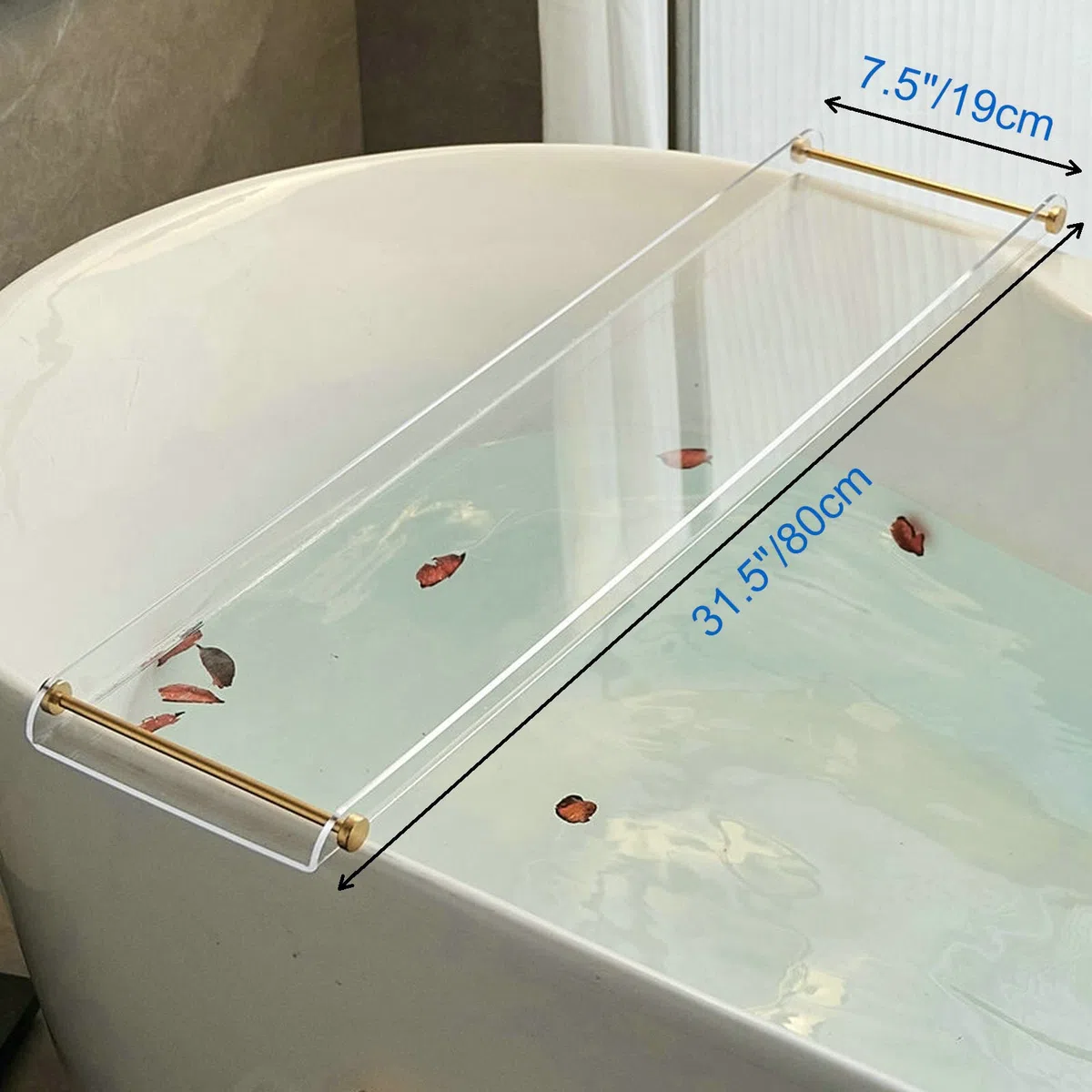 SHUNLI - Bandeja de acrílico para bañera, Estante Transparente para bañera con Mango Dorado, Organizador de baño de Lujo para Tablet