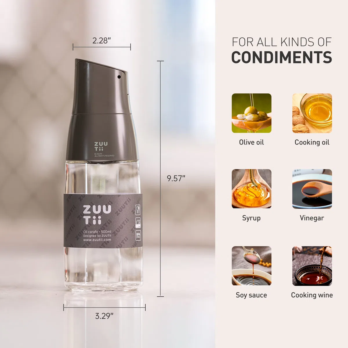 Zuutii Botella dispensadora de aceite de oliva, boquilla antigoteo para cocina, vidrio, gris
