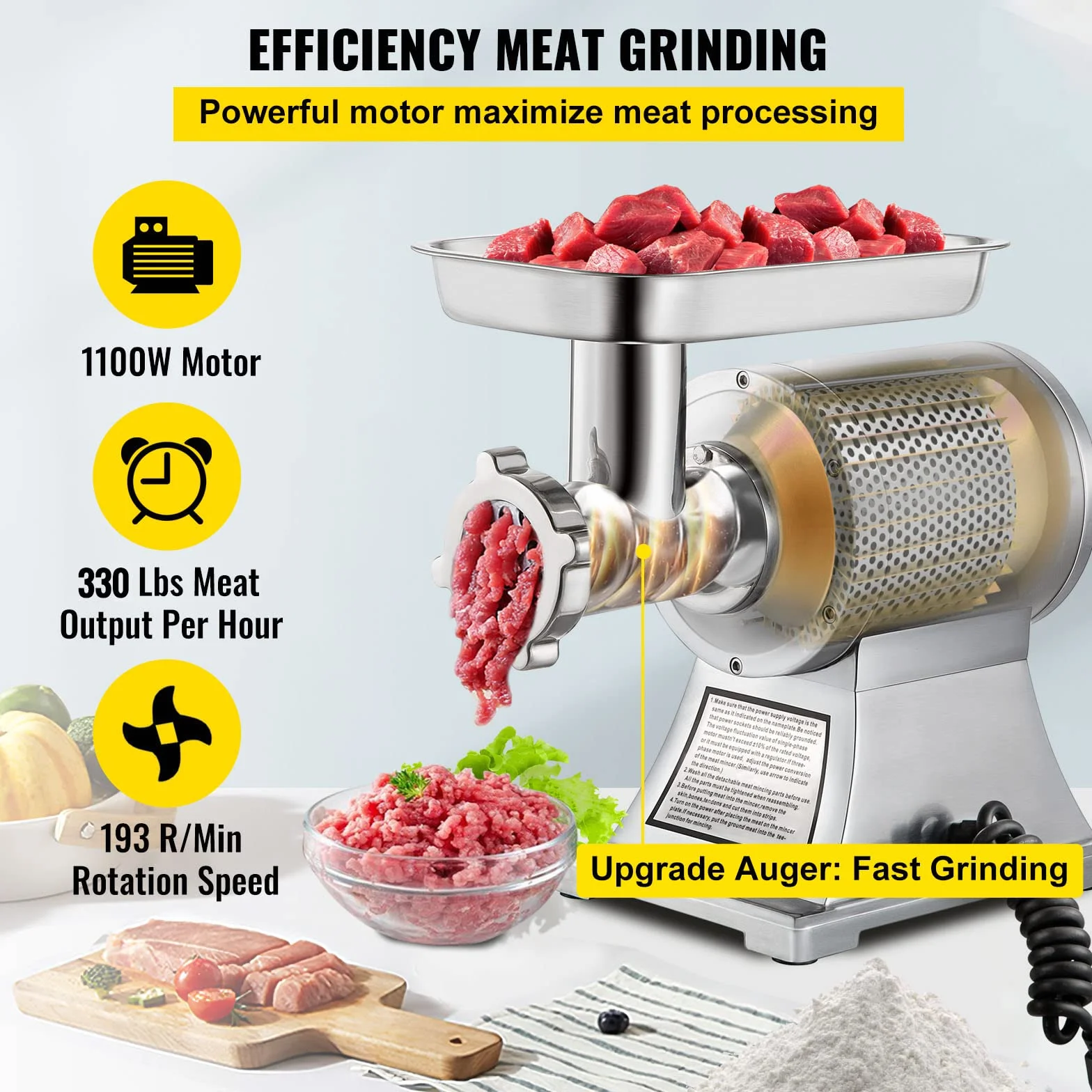 Vevor - Picadora eléctrica de acero inoxidable, 1100 W, 250 kg por hora, 193 r/min - Máquina para salchichas profesional, 2 placas de molinicio, para casa o uso industrial