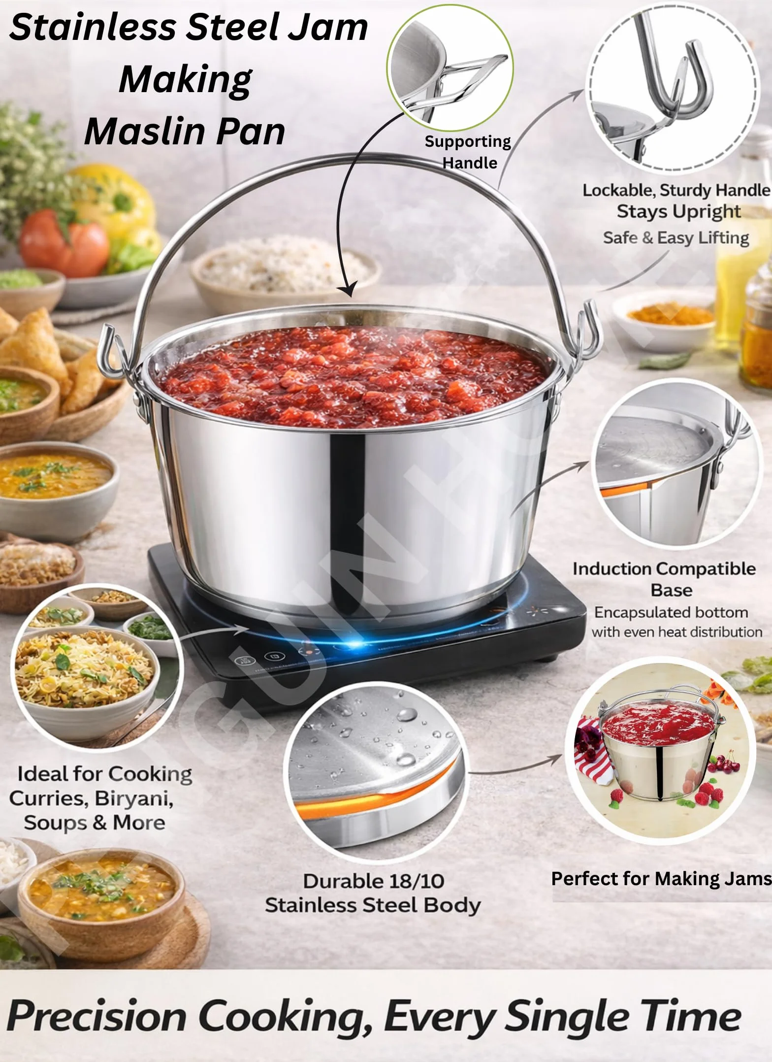Penguin Home Sartén de 5 L con embudo de mermelada de cuello ancho de 14 cm, olla de acero inoxidable con embudo de conservas de acero para conservar, sartén combinada y embudo de mermelada con mango