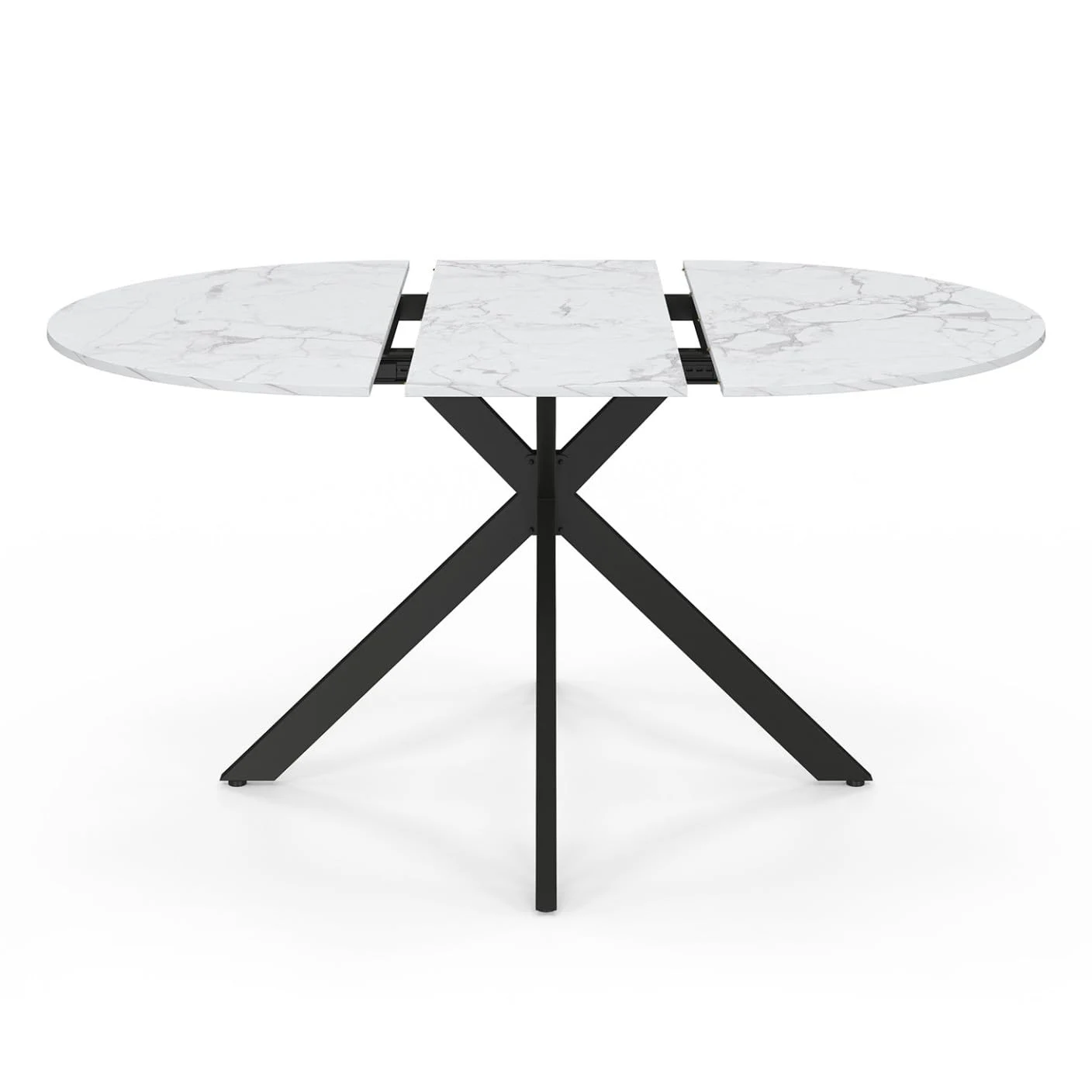 IDMarket – Mesa de comedor extensible redonda Alix 4-8 personas, pie araña negro, bandeja efecto mármol blanco Alaska 110-150 cm