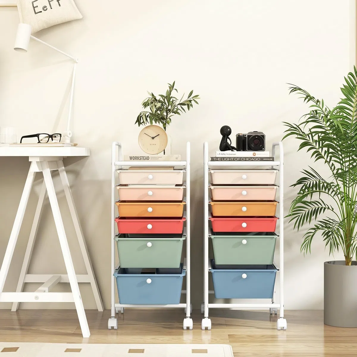GIANTEX Carro de Almacenamiento con 6 Cajones, Cajonera con 4 Ruedas(2 con Frenos), Tablero y Marco de Metal, Cajones Plásticos, Carrito Auxiliar para Oficina, Dormitorio, Baño (Macaron)