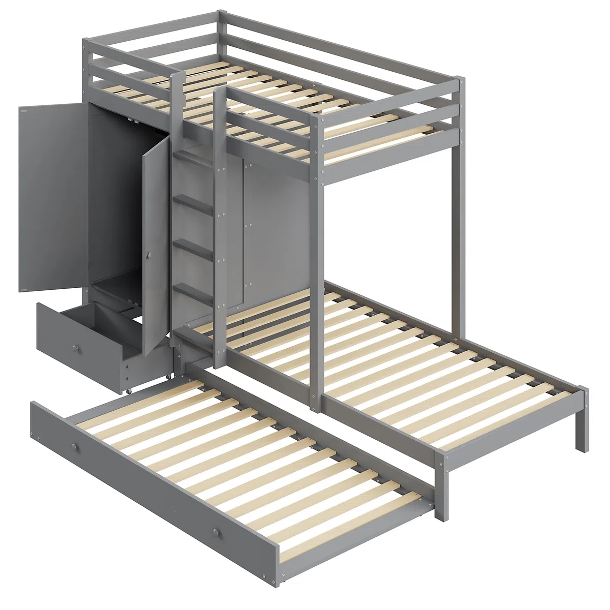 Azkoeesy Litera para 3 Personas, 90x200 + 90x190 cm, con Cama Nido, Armario Empotrado y estanterías, cajón, somier, barandilla, Cama Triple, para Adolescente y Adulto, Color Gris