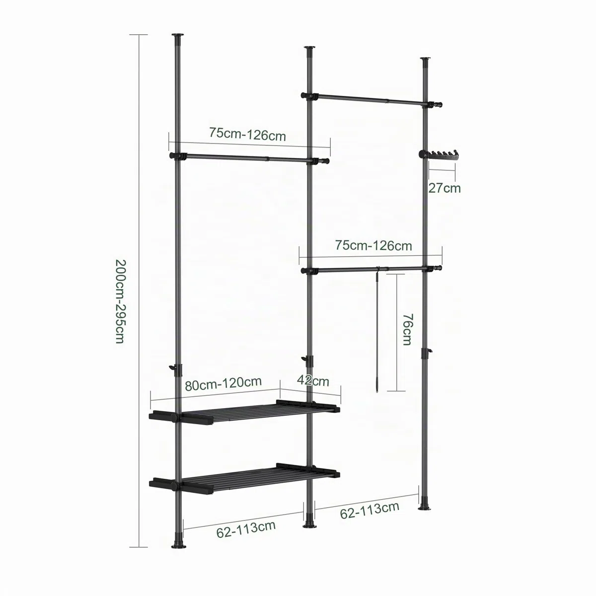 SoBuy barra telescópica perchero con estantes, dormitorio | Armario abierto ajustable para ropa, perchero resistente para vestidor y dormitorio, diseño negro, FRG34-II-SCH