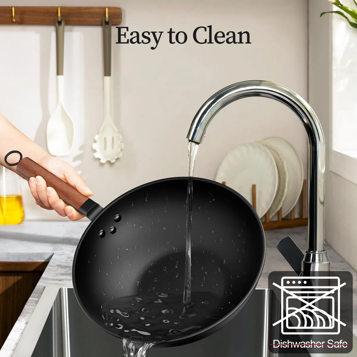 Jobin 33cm/13inch Wok de Acero al Carbono Premium con Tapa de Vidrio - Wok sin Revestimientos Químicos para Cocina Asiática, Compatible con Inducción, Gas, Vitrocerámica y Placas Eléctricas