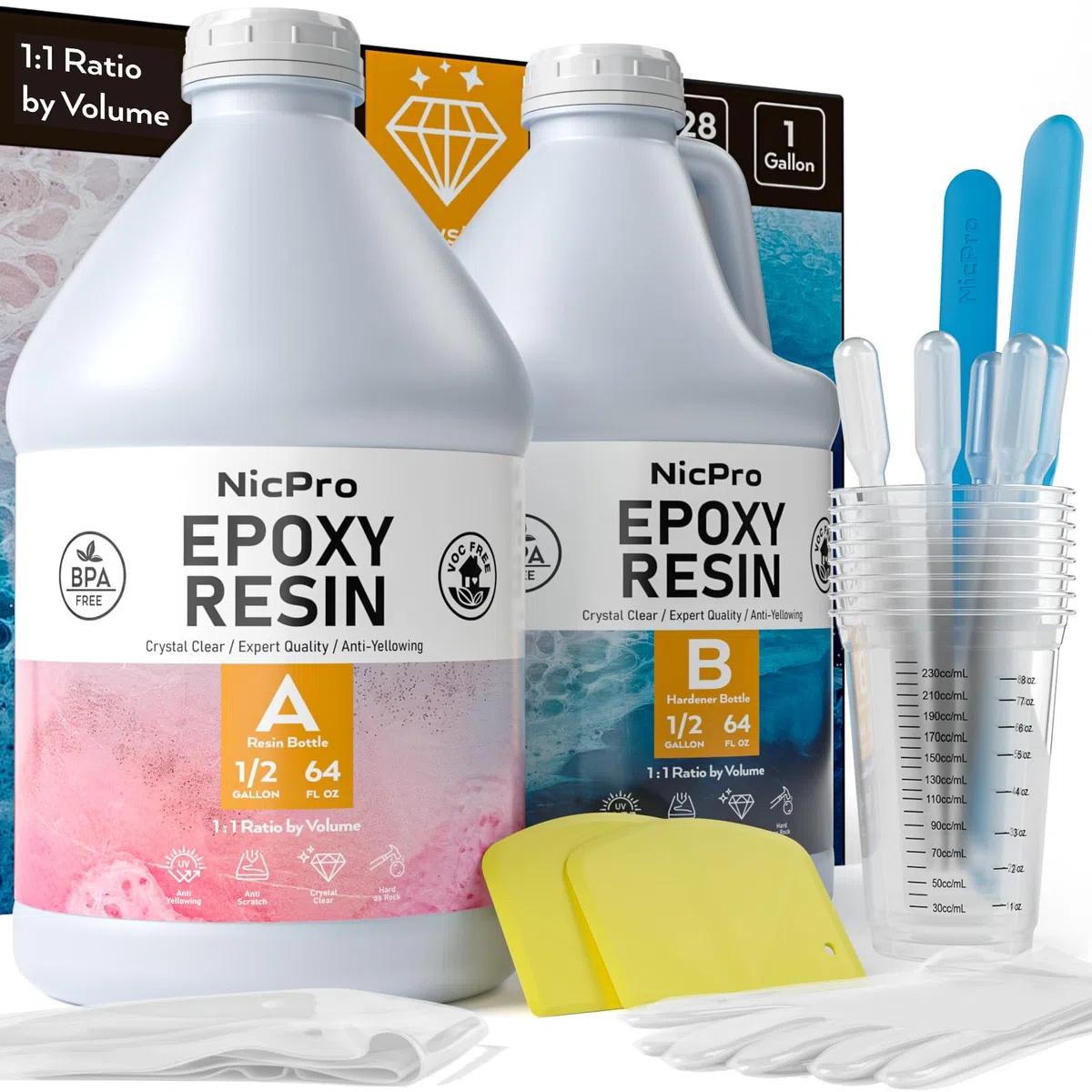 Nicpro 1 Galón/ 3840 ml resina epoxi transparente con Endurecedor, resina epoxi para manualidades, epoxy resin con Tazas Mixtas, Palitos Agitación, Pipetas de Transferencia, Guantes y Más