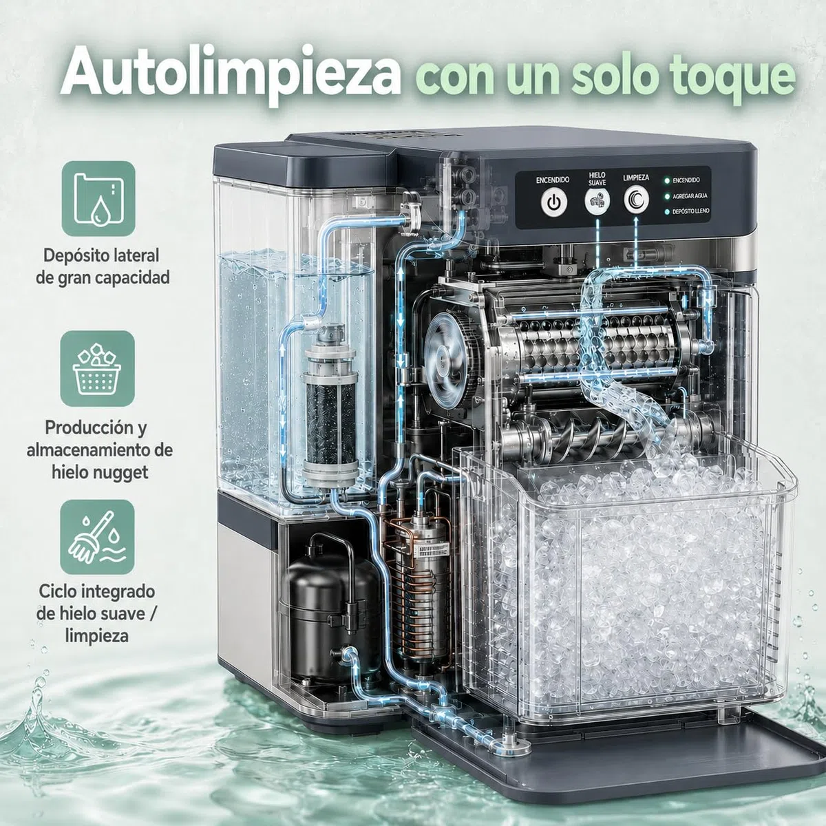 Máquina de Hielo Nugget Masticable, 20kg/24h, Hielo en 8-10 Min | Hielo suave ideal para bebidas, con depósito 1,3L, autolimpieza y diseño compacto para hogar, oficina y fiestas.