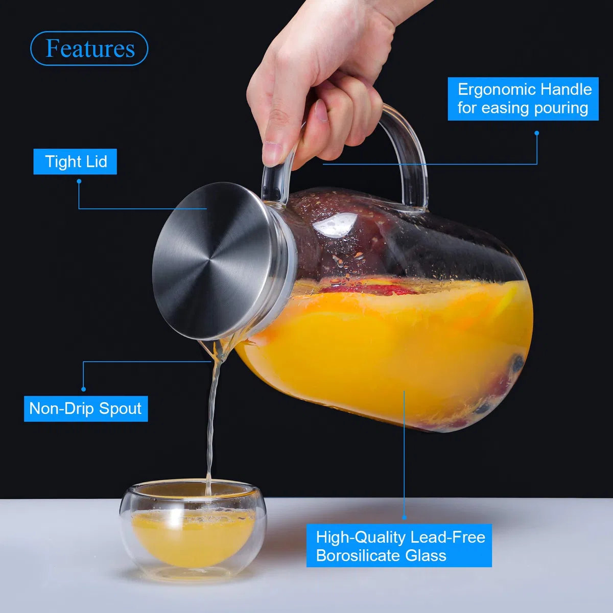 Jarra de agua de vidrio con tapa y boquilla, jarra de vidrio de borosilicato resistente al calor, resistente al calor, segura para temperaturas