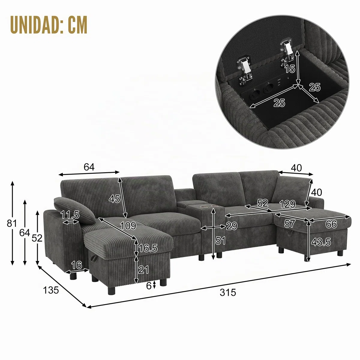 LAKFEW Sofa de 4 Plazas en U con USB C y 2 Reposapiés de Almacenaje, Sofas de Salon 4 Plazas con 2 Portavasos y 2 Cojines, Sofa Modular Rinconera, Couch, Pana, 315x135x81 cm, Gris