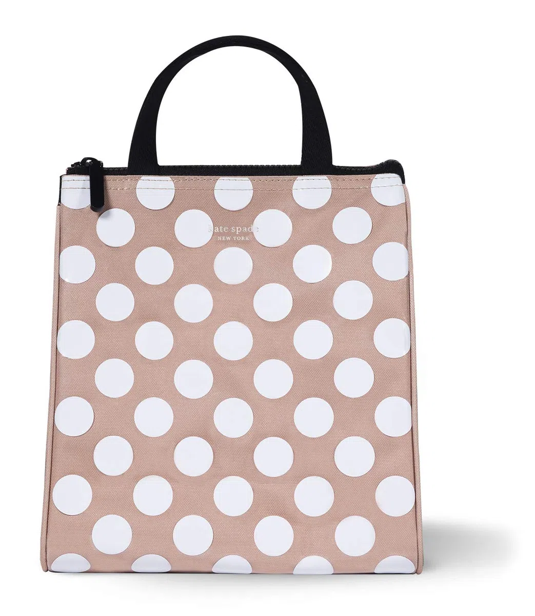 Kate Spade New York Bolsa de almuerzo isotérmica portátil con forro interior aislado plateado y bolsillo de almacenamiento, lunares jumbo
