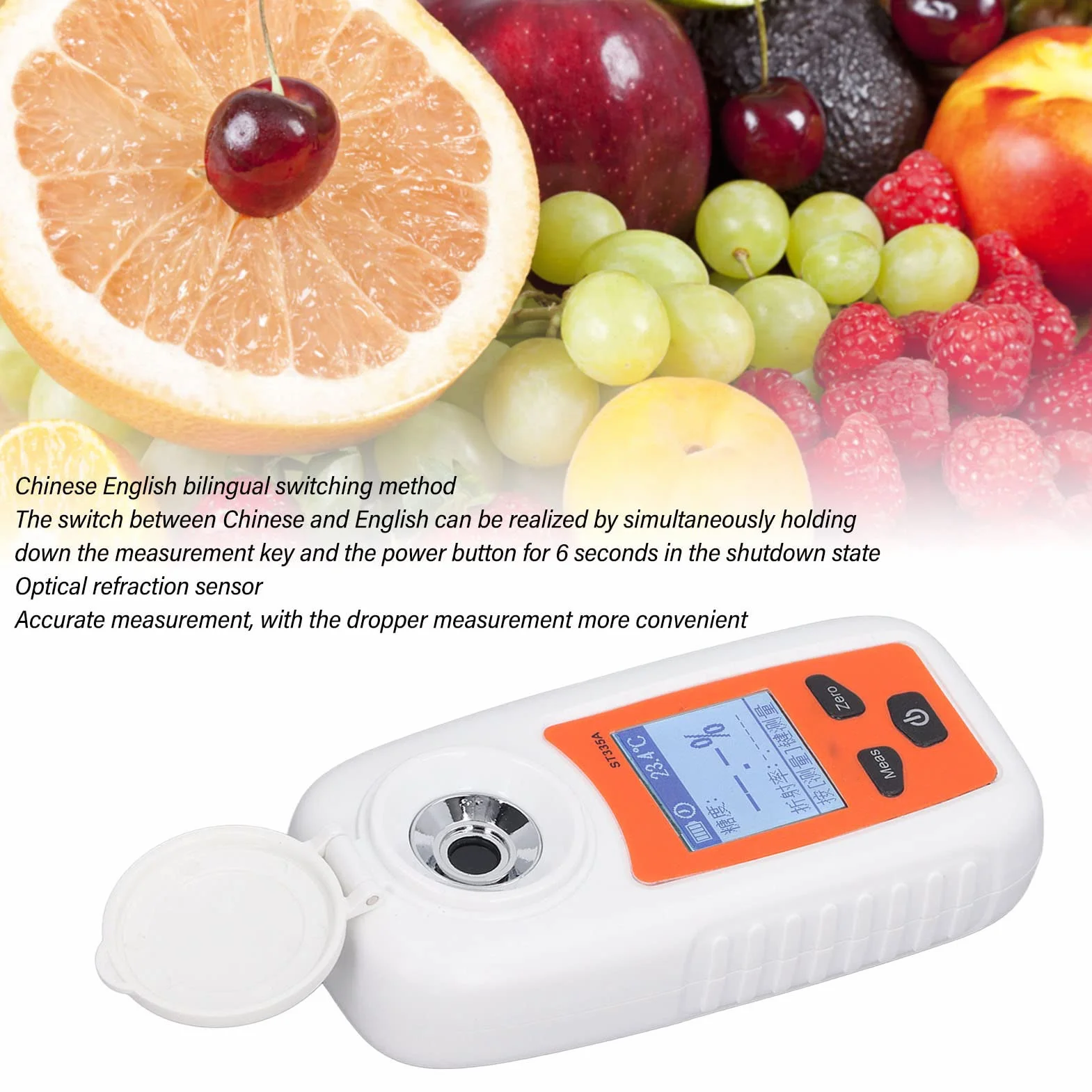 Refractómetro Digital para Medir Azúcar en Frutas y Jugos Sacarímetro de Alta Precisión ST335A Medidor de Dulzura con Pantalla LCD para Laboratorio y Producción