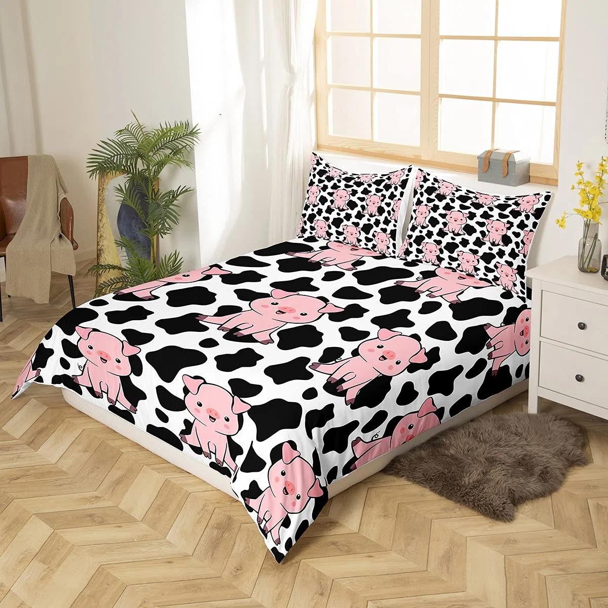 Funda de edredón de cerdo rosa para niños, ropa de cama y lino de color negro, blanco y negro, juego de cama de vaca para niños y niñas, dibujos animados granja animales ropa de cama y lino ultra sua