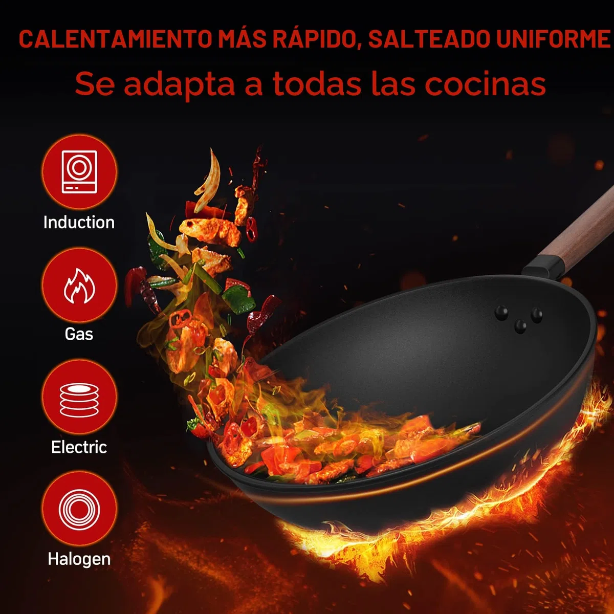 Jobin 33cm/5,6L Wok de Acero al Carbono Sartenes Antiadherentes con Tapa - Sin Recubrimiento Químico - Puede Cocinar Platos Asiáticos para 4-6 Personas - Apto Para Todas las Cocinas