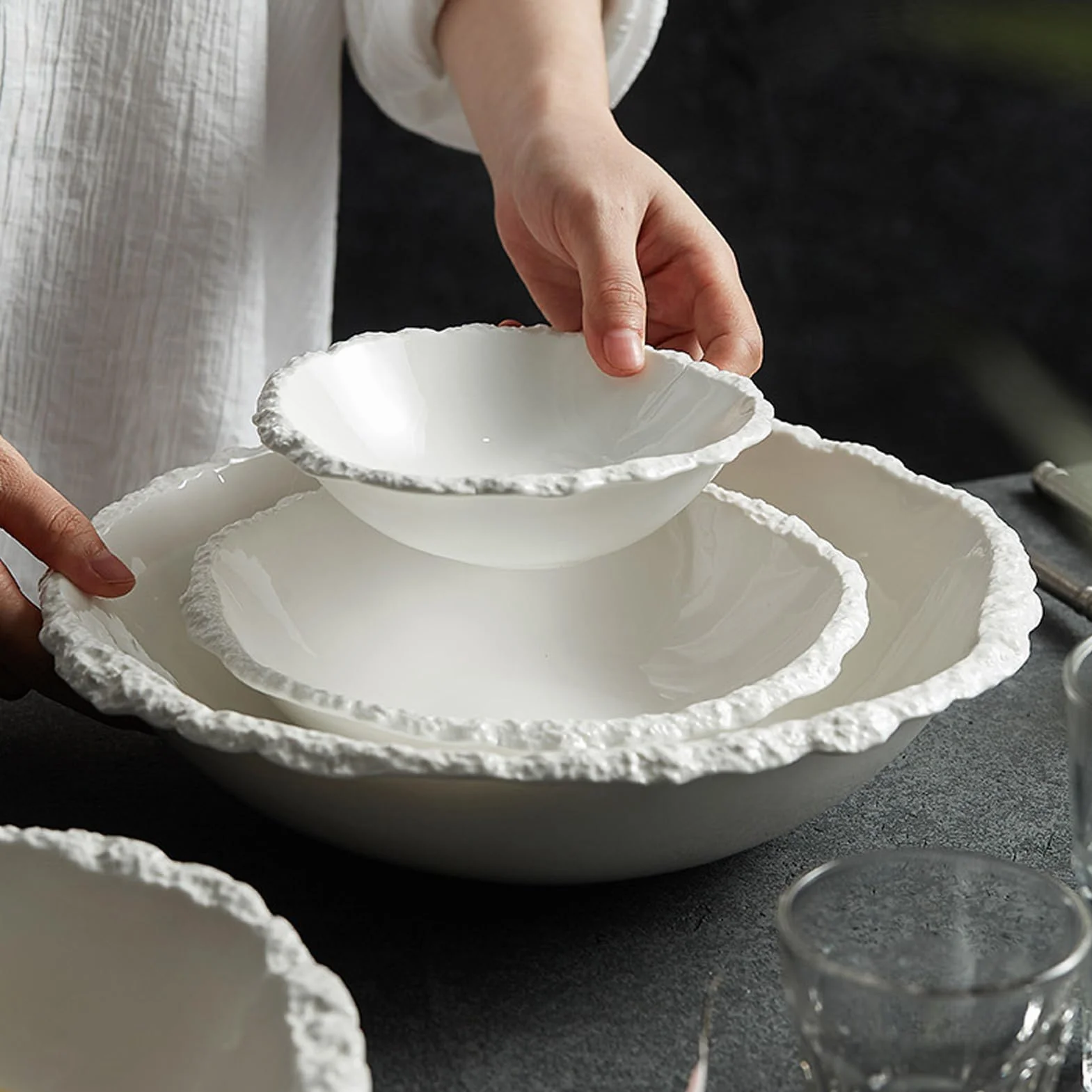 Plato de cerámica, plato de plato, cuenco de postre Dim Sum, cuenco de cerámica, cuenco de yogur, vajilla creativa para restaurante, blanco, M