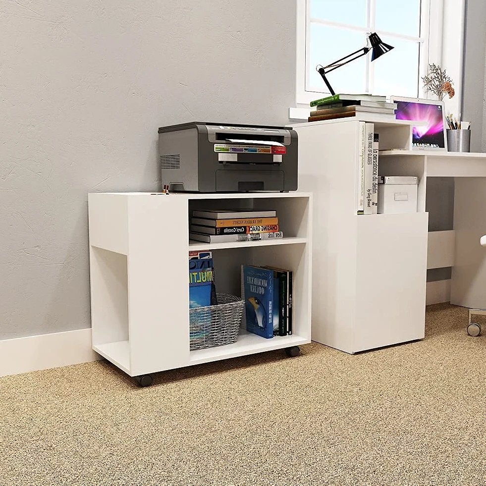 Mondeer Armario Archivador Móvil, Soporte Impresora con Ajustables Estante y Ruedas, Simplicidad Moderna, para Oficina Estudio Salón, Blanco (70 x 36 x 60 cm)
