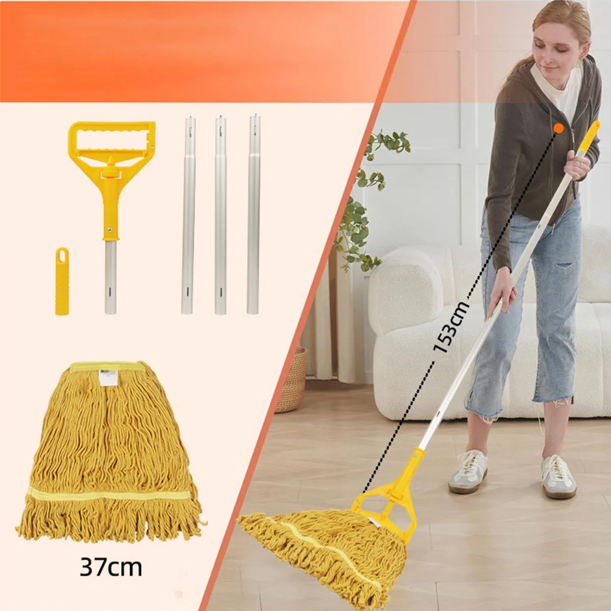 Fregona de limpiadora Mango de aluminio desmontable limpiador reutilizable | Fregonas de algodón para limpieza del suelo para polvo madera parquet hogar baño cocina salón dormitorio y