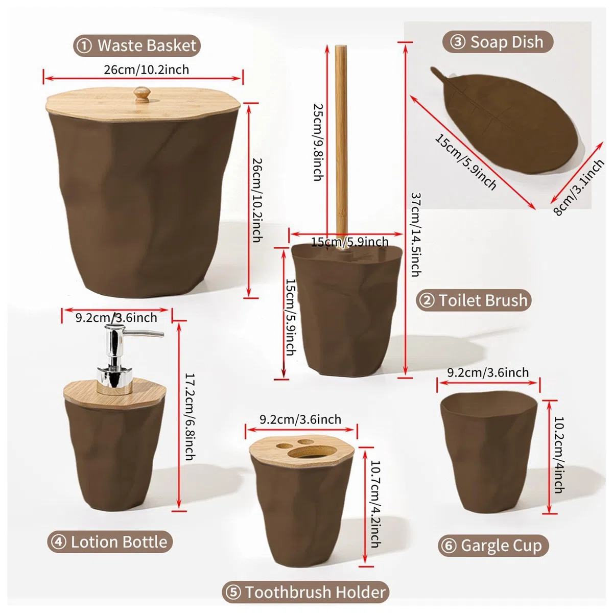 6 Piezas Soporte de Cepillo de Dientes Juego de Accesorios de Baño Dispensador de Loción Vaso Organizador Material PP Adecuado para Baño Modernos, café, Individual