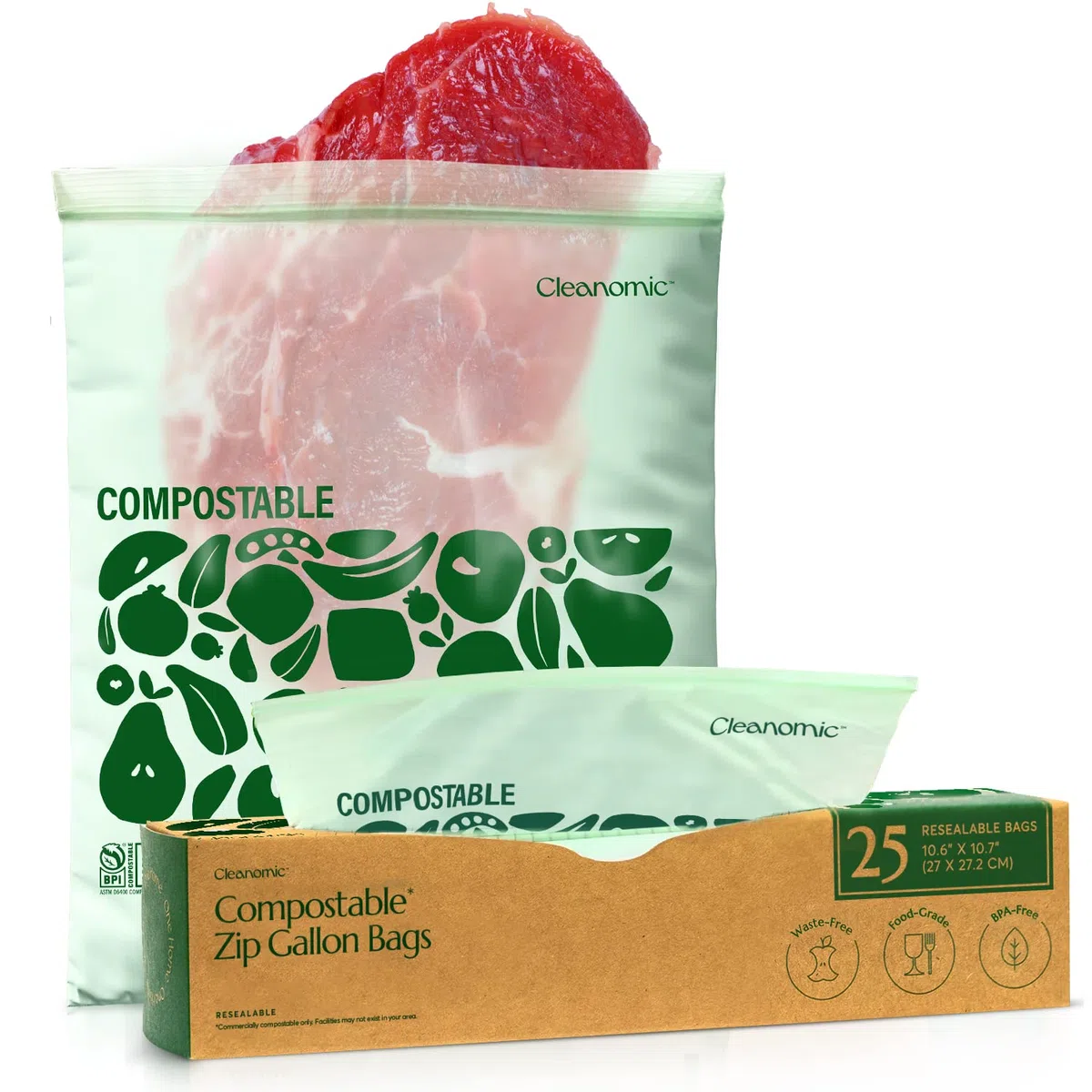 Cleanomic Bolsas compostables de almacenamiento de alimentos de tamaño galón (25 cremalleras ecológicas) a prueba de congelador y fugas, también disponibles bolsas de cuarto de galón, aperitivos y