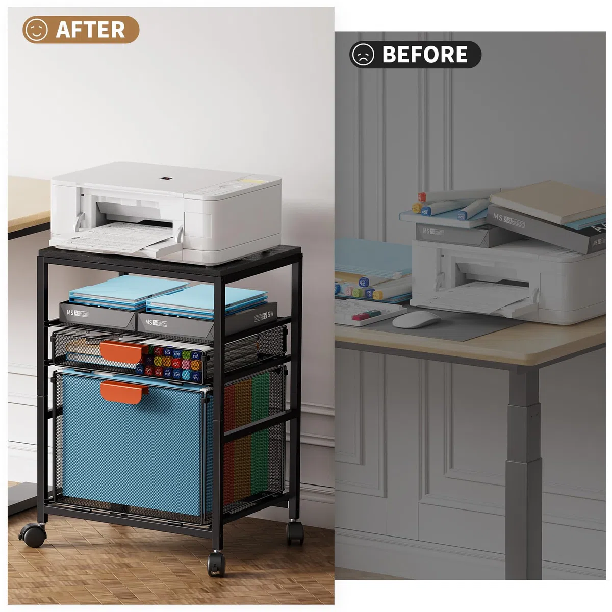 Marbrasse Soporte para Impresora con Almacenamiento,Carrito Grande con Ruedas,Mueble Organizador para Archivador con Cajones,Carrito para Impresora 3D,Teléfono Móvil,Oficina en Casa(Negro)