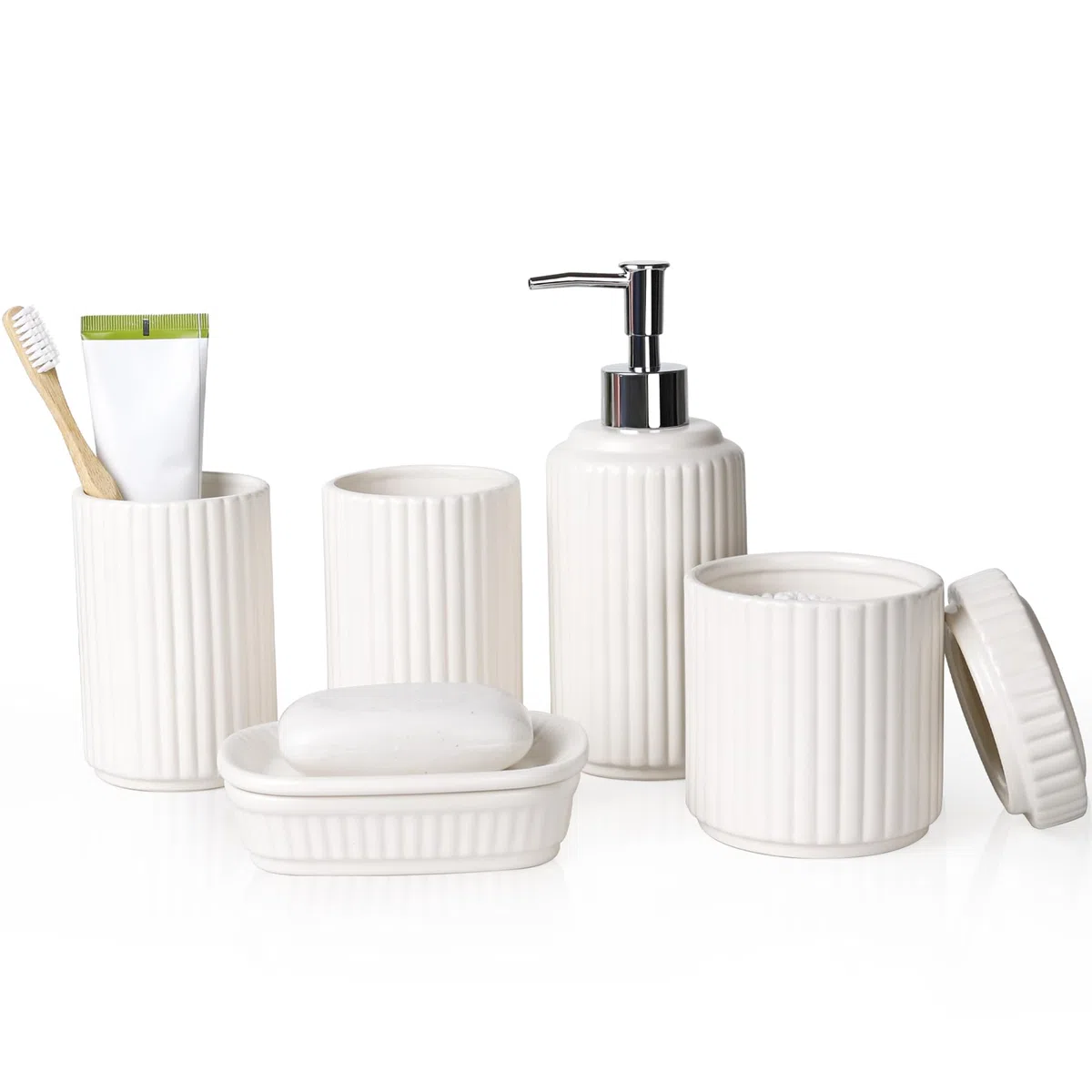 NOVAJOY Juego de baño, organizador de baño de cerámica de 5 piezas con dispensador de jabón, jabonera, soporte para cepillo de dientes, recipiente de bastoncillos de algodón, beige y blanco