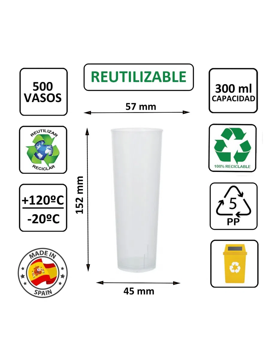 500 unidades - Vaso Tubo 300 ml Reutilizable Ligero - Polipropileno (PP) - Color traslúcido - Vaso ecológico Libre de BPA, Ideal para cerveza, cubatas, agua
