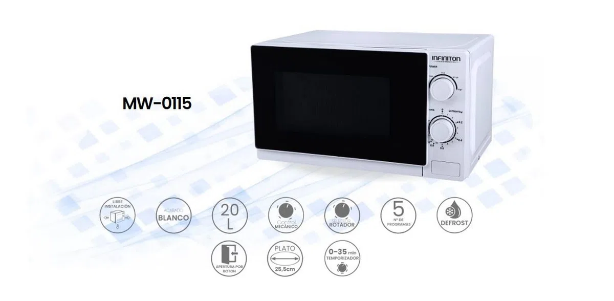 Microondas Infiniton MW-0115 – 20 L, 700 W, 5 niveles de potencia, Temporizador 35 min, Plato 25,5 cm, Blanco