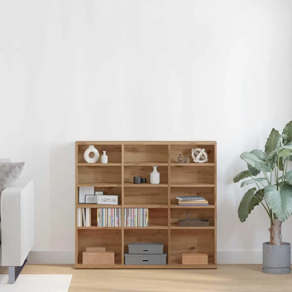 Artisan-Roble - Estantería para CD, 100 x 23 x 89,5 cm, de madera, con compartimentos abiertos, estantería para DVD y discos de vinilo, para salón, oficina y dormitorio