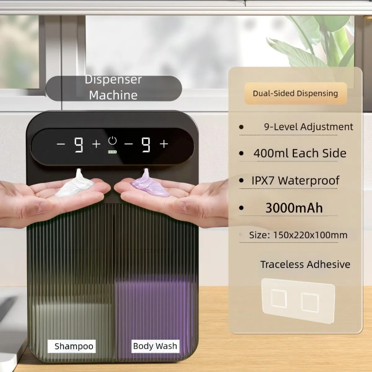Dispensador de jabón eléctrico de doble cabeza, espuma y líquido sin contacto, 9 velocidades, 400 ml, IPX7 impermeable, batería de 3000 mAh para cocina y baño (A)