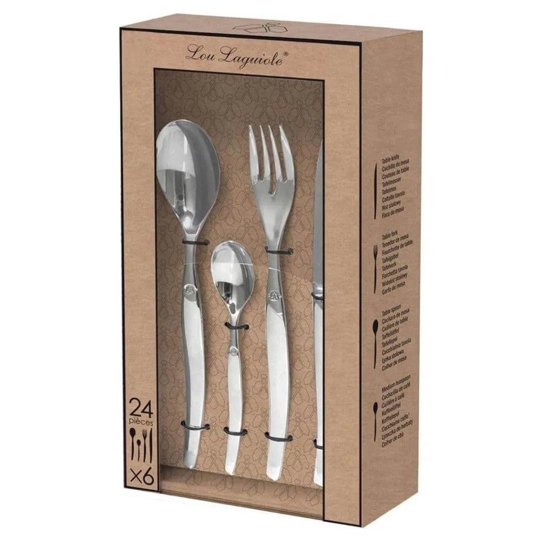 Lou Laguiole Chorro Cubiertos de Mesa/Estuche para 6 Personas, Inoxidable, Acero Espejo, 24 couverts de Table