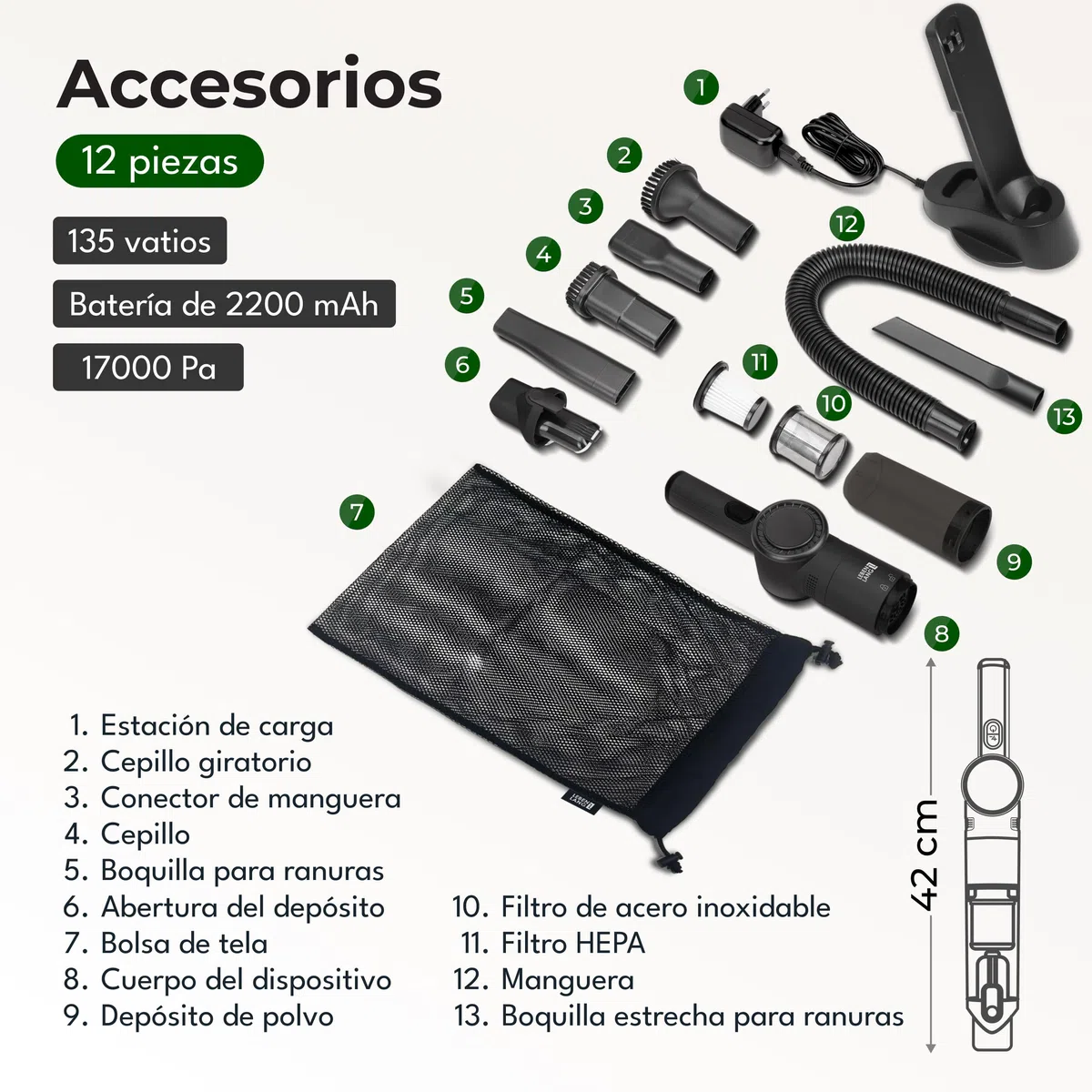 LEBENLANG Aspirador de Mano Potente 17000PA - Incl. Potente batería Recargable & Soporte con función de Carga I Aspirador Coche Aspiradora de Mano sin Cable Coche Sofa aspiradoras