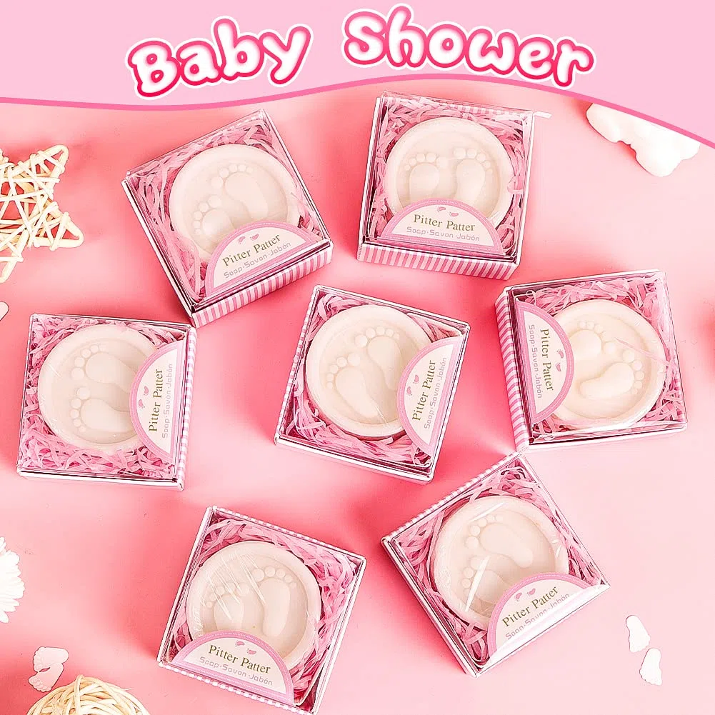 AIXIANG Paquete de 24 jabones hechos a mano Pink Pitter Patter, regalos de baby shower envueltos individualmente con caja de regalo, perfumados para baby shower y decoración