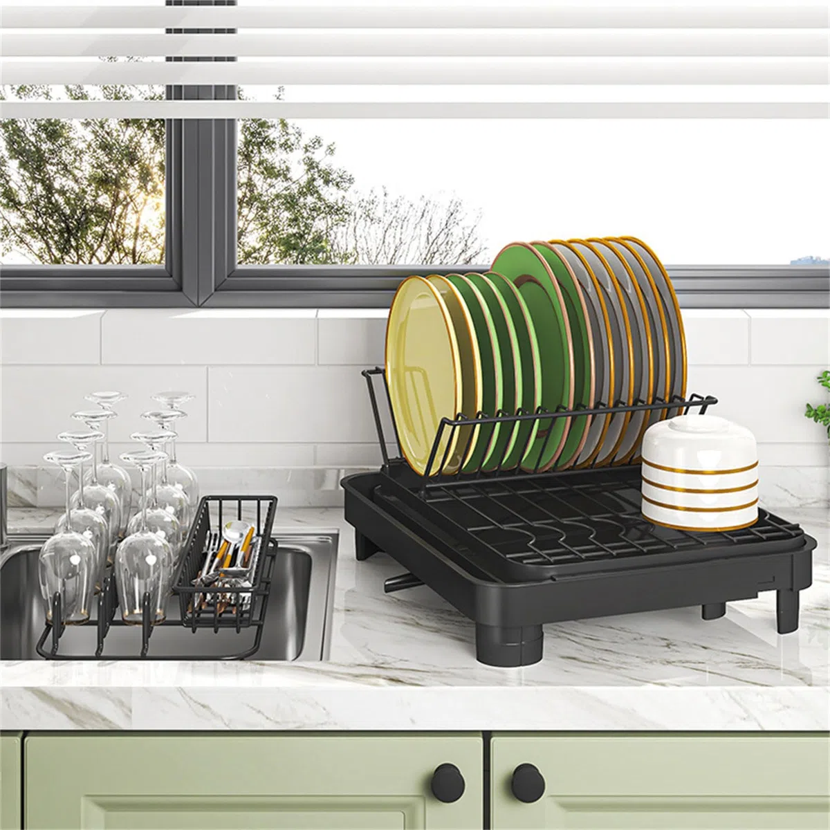 Escurridor eficiente de vajilla con sistemas de drenaje automático, estante de secado para platos y cubiertos, accesorios de cocina, organizador de encimera de cocina