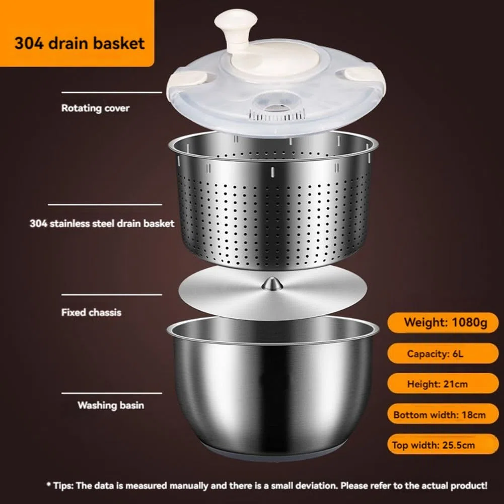 Centrifugadora Ensaladas 6 L, Acero Inoxidable, Grande, para Lavar Verduras, con Tapa Polipropileno, para Lavar Frutas, Centrifugar Pastas y Patatas Fritas, y Secar Ensaladas