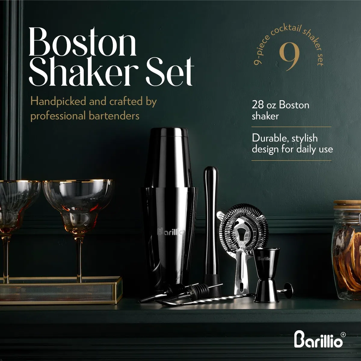 Barillio Black Boston - Juego de coctelera de acero inoxidable con peso para coctelera Martini con colador y mezclador, kit de barman de mixología, juego de bar para el hogar, juego de coctelera de 9