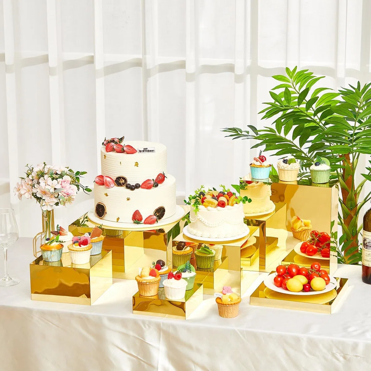 HEYOUTH Set de 7 elevadores grandes para buffet (15-30 cm) de acrílico – Cajas expositoras cuadradas con fondo hueco para mesas de postres, presentación de alimentos y suministros de catering (Gold)