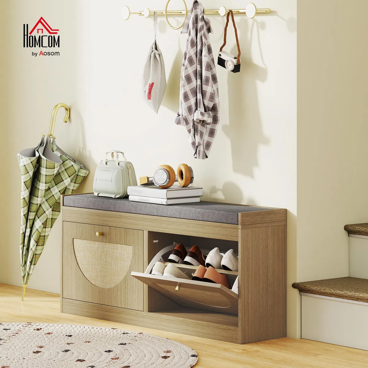 HOMCOM Banco Zapatero Bohemio con Asiento Acolchado 105x35x47 cm Natural | Banco Recibidor, Puertas Frentes de Ratán, Estante Ajustable, para 8 Pares de Zapatos, para Entrada