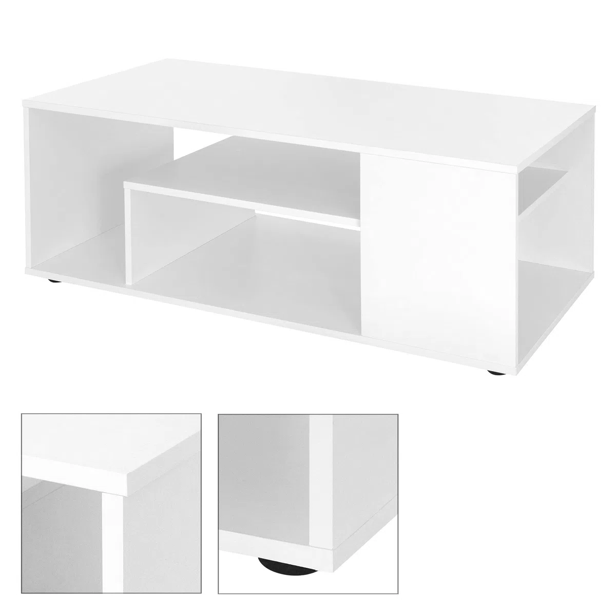 ML-Design Mesa de Centro Blanca 110x50x41 cm Aglomerado Revestido Mesita de Café Rectangular Moderna Mueble Auxiliar Versátil con 4 Estantes en 3 Niveles Mesa con Mucho Espacio de Almacenamiento