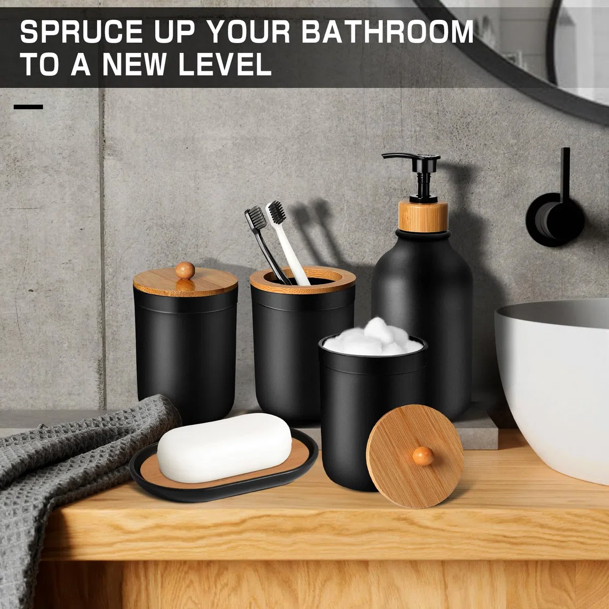 Juego de accesorios de baño negros de 5 piezas, accesorios de baño negro mate, dispensador de jabón de plástico y soporte para cepillos de dientes, jabonera, tarro de hisopo de algodón, juego de baño
